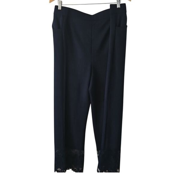 NWOT Isaac Mizrahi Live Navy Pebble Knit Wide Leg Crop Pants 2X Lace Hem - Picture 2 of 7